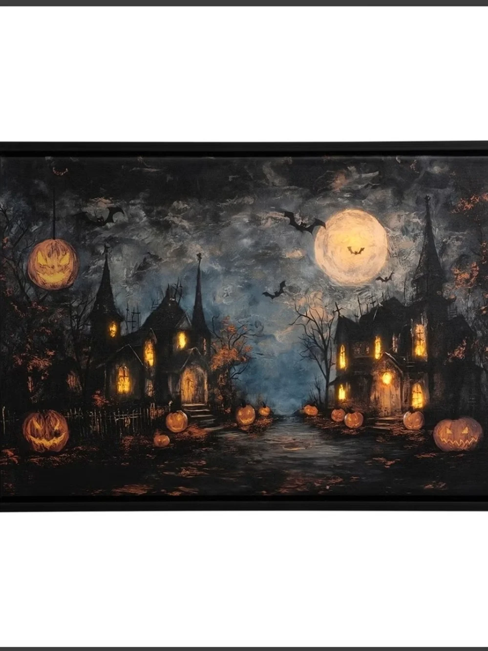 Halloween Haunted Village Wall Art - Orange & Black LED 25X17